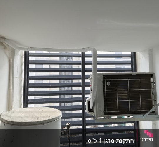 יחידת מיזוג אוויר מותקנת על קיר עם צינורות חיבור